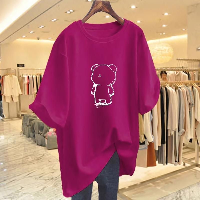 White medium and long bear print T-shirt women's summer 2025 new butt cover large size loose long t-shirt