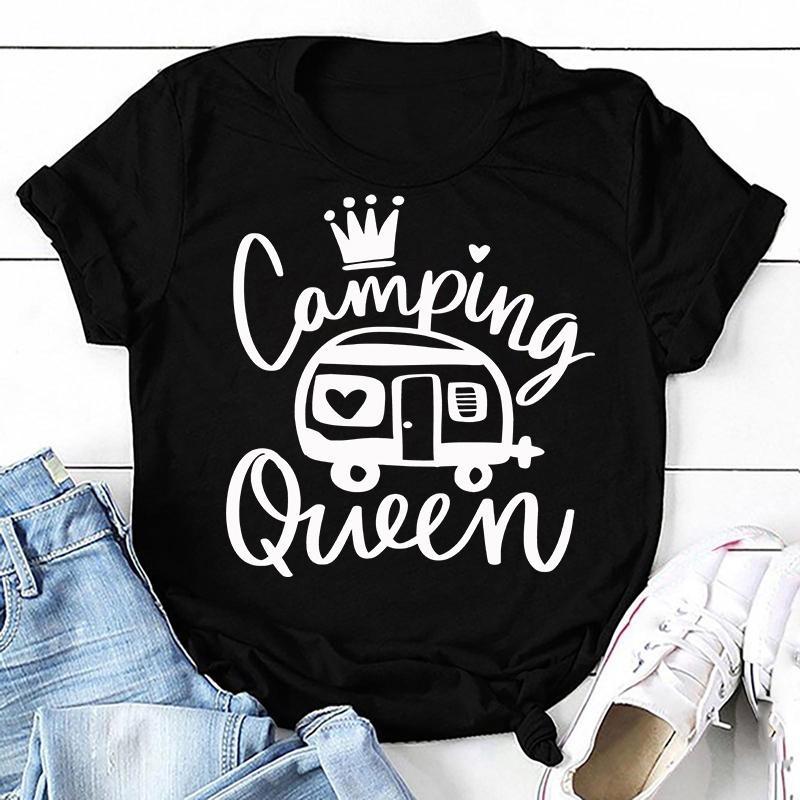 Cute Camping Queen T-shirts For Women Summer Tee Shirt Femme Casual Queen Short Sleeve Camping Round Neck Tops T-shirts