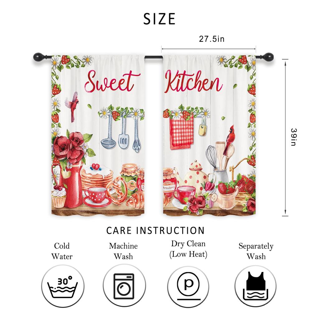 Panels Rustic Kitchen Curtains Small Short Strawberry Floral Fruit Dessert Wood Board Red Watercolor Farmhouse Made Of Polyester Window Treatment