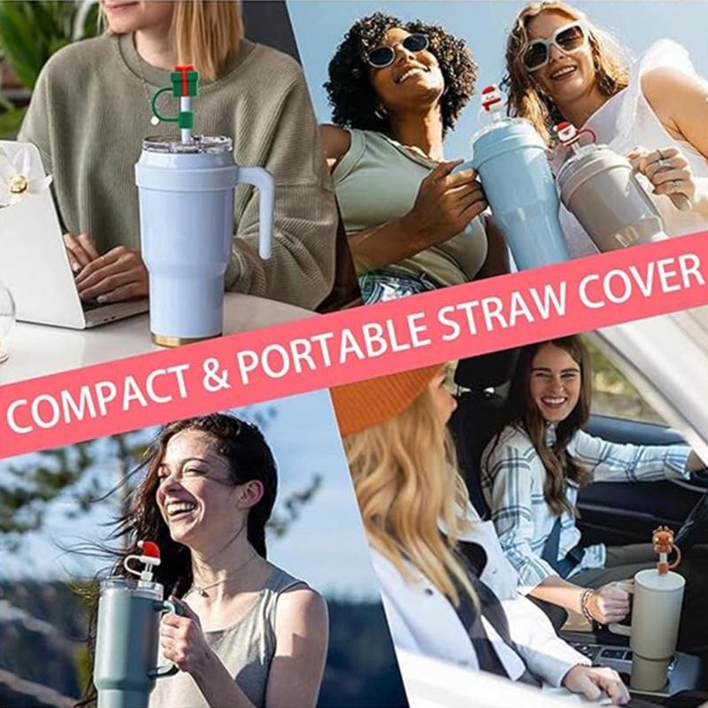 6pc Cartoon Christmas Silicone Straw Covers Cap Drinking Straw Tip Lids Reusable