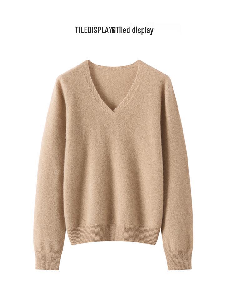 Women's V-Neck Cashmere Knit Sweater - Loose Fit, Long-Sleeve Pullover