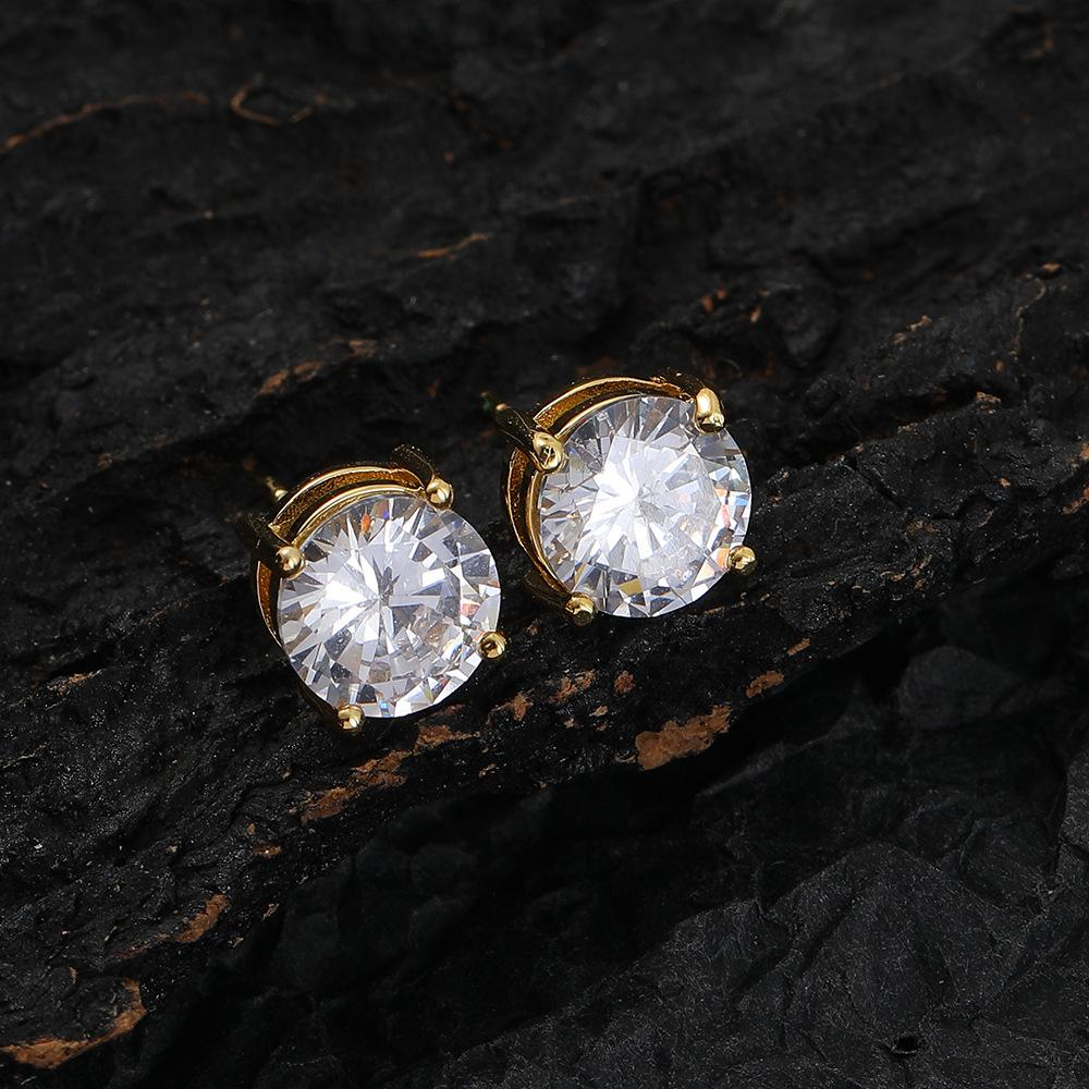 Hip Hop 8mm Round Stud Earrings, Unisex Hiphop Copper Full Zirconium European and American Stud Earrings