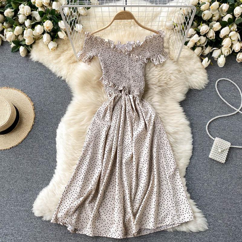 RUGOD Vintage Boho Puntíkatý potisk přes rameno Sexy letní dlouhé šaty Party Elastické Cross Criss Ženy Plážové prázdninové šaty