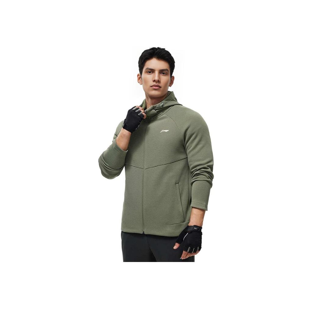 Li Ning Fitness Series Solid Color Outdoor Casual Sports Zipper Hooded Fleece Long Sleeve Jacket Men Jackets Mixed-Color Smoke-Green AWDU069-3