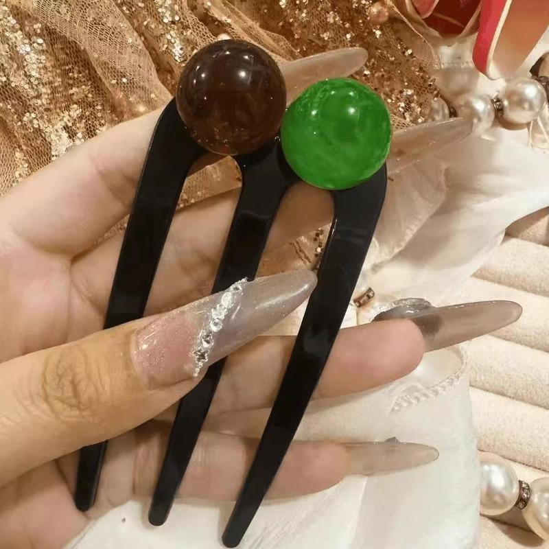 Fashion U-Shaped Hairpin Hair Fork Trendy Acrylic Bead Material Hair Clip for Women Girls Retro Jewelry Hair Accessories