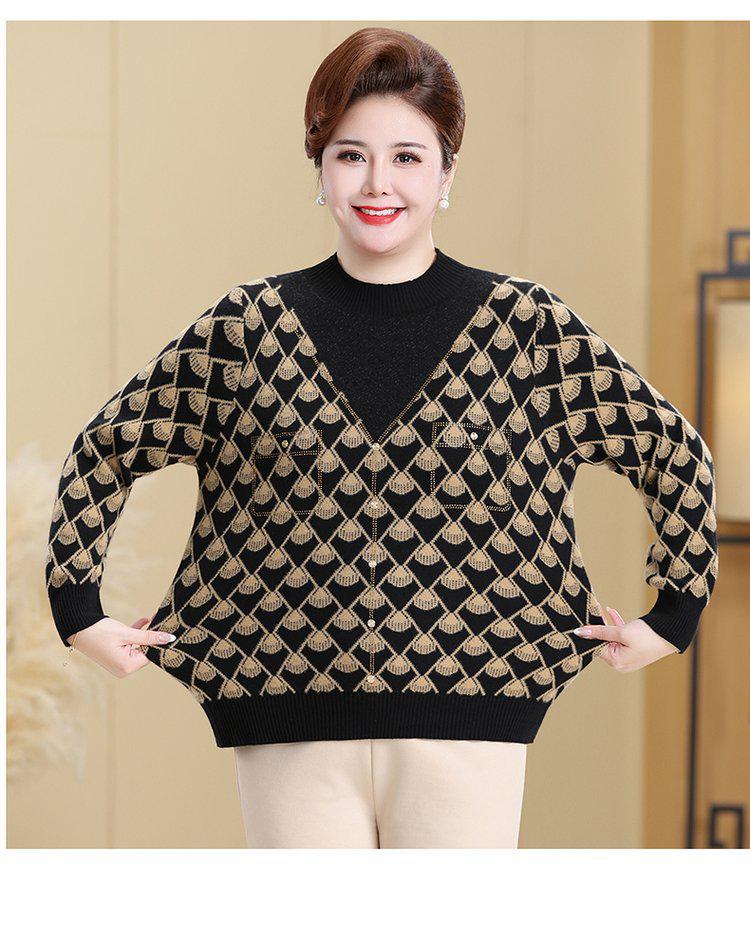 Plus Size Warm Knit Pullover for Women - Autumn/Winter Round Neck Sweater for Middle-aged & Elderly
