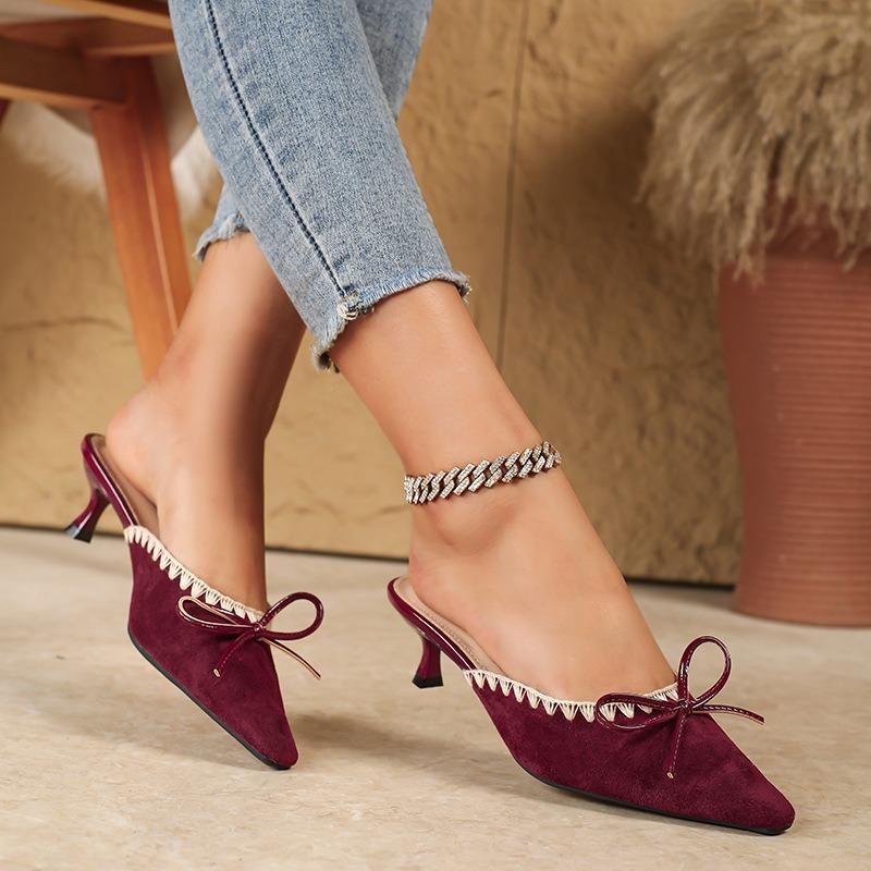 

Женская обувь бант волнистый край сумка голова шпильки крутые тапочки полусабо большой размер обуви бордовый 42