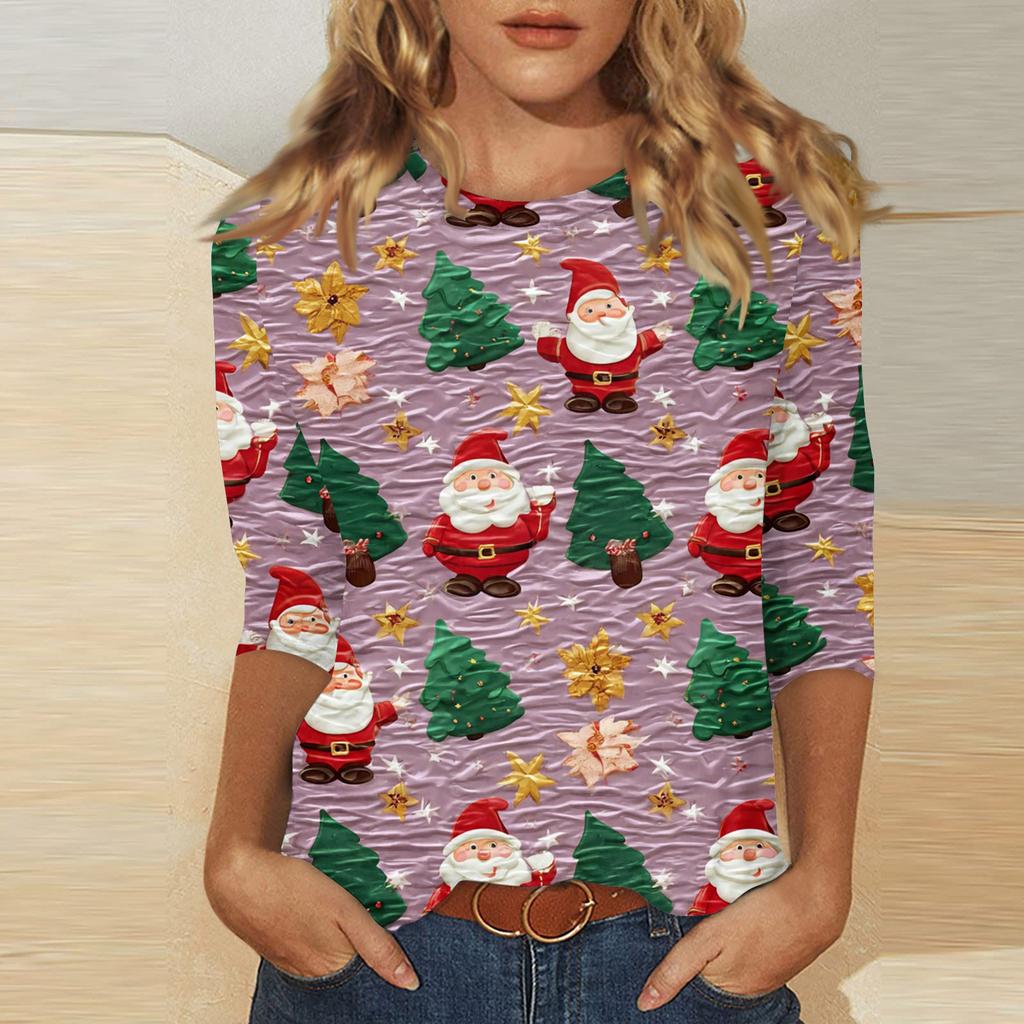 Women's Fashionable Casual Three Quarter Sleeve Christmas Printed Round Neck Top