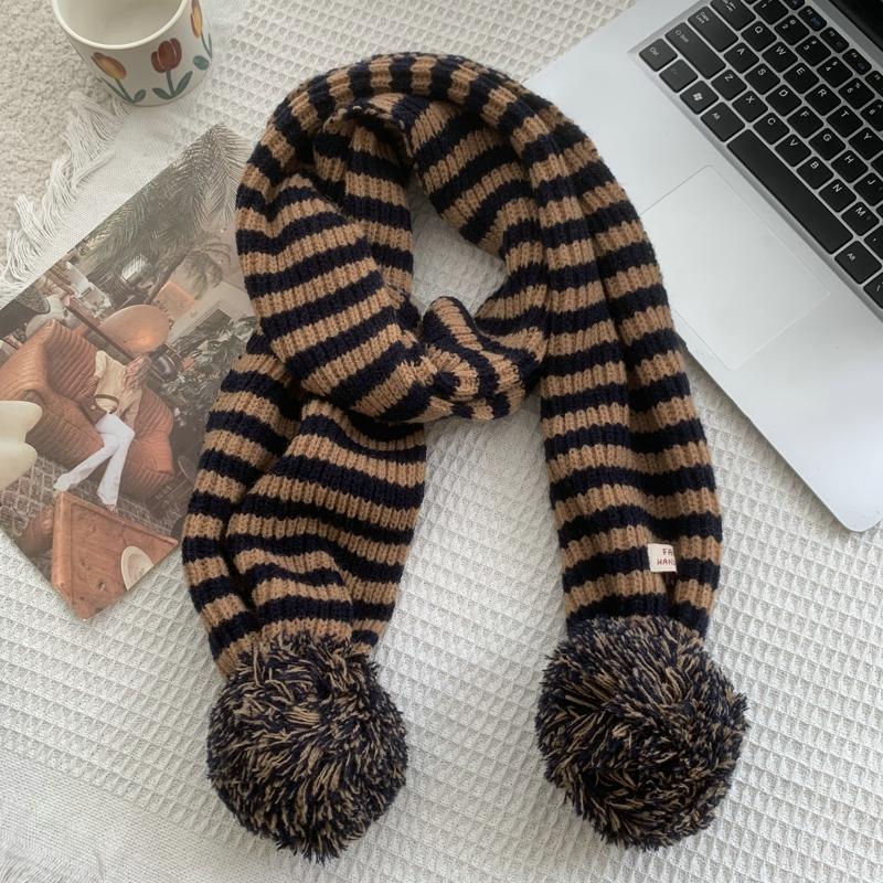 Winter Women Warm Stripe Scarf Knit Spring Thick Warm Winter Ball Ball Scarves Winter Casual Warmer Women Scarves For Women