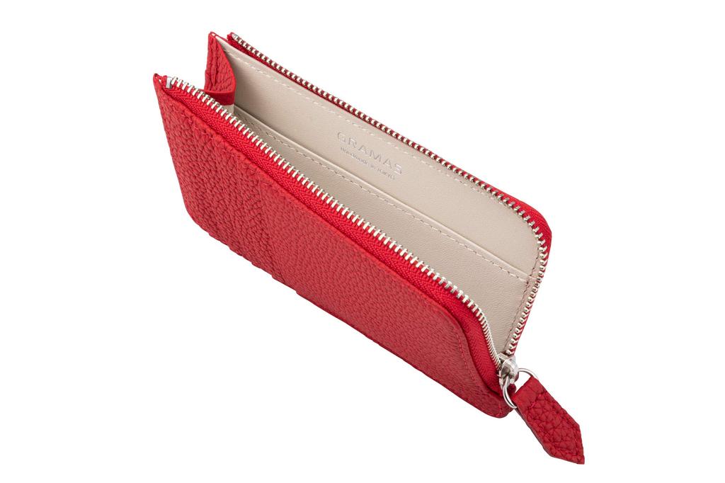 [GRAMAS] Shrunken Calf Leather Flat Zip Wallet in Red with Genuine Leather L-Shaped Zipper and Keychain