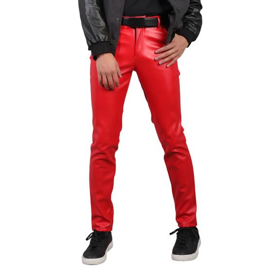 Men Faux Leather Pants Mid Waist Slim Fit Smooth Button Zipper Placket Solid Color Waterproof Hip Hop Style Streetwear Party Club Performance Trousers