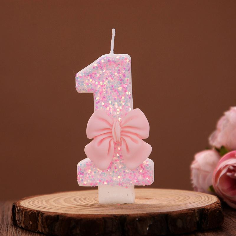 3D Number Cake Decorating Candles Cute Pink Bow Baby Girl Birthday Cake Topper Decoration Party Supplies 0-9 Digital Candle