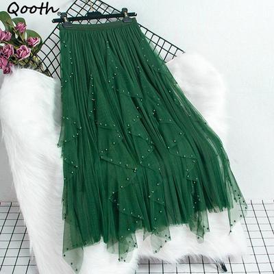 Women Beaded Petal Mid-length Ruffles Mesh Pleated Skirts Elegant High-waisted Fairy A-line Long Tulle Skirts QT1682