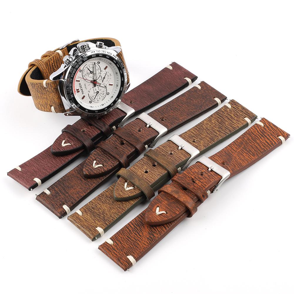 Retro Leather Watch Band 18mm 20mm 22mm 24mm Cowneck Pattern Stainless Steel Pin Buckle Watch Strap Replacement for Men Women