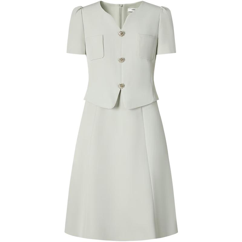 Elegant Hepburn Style Puff Sleeve Faux Two-piece Dress L