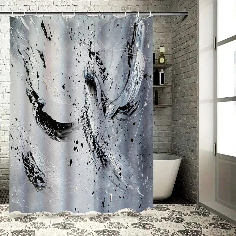 Modern Bathroom Shower Curtain Set with Black Splatter Art Design Waterproof Home Decor for Bathtub Area Easy Installation (Whit