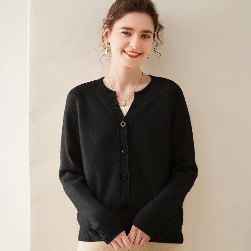 Women's Cashmere Round Neck Cardigan - 2024 Autumn/Winter Collection, Thickened Raglan Loose Knit Sweater, Versatile Outerwear.