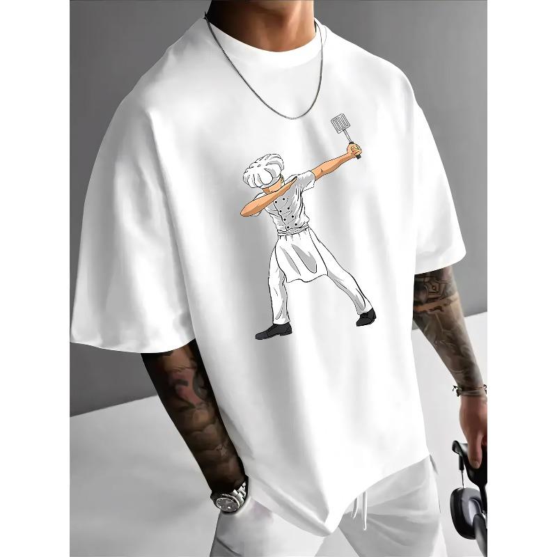 Men's Chef's Print T-Shirt - Chef's Hat & Utensils, Casual Round Neck Short Sleeve Tee , Summer Machine-Washable Apparel