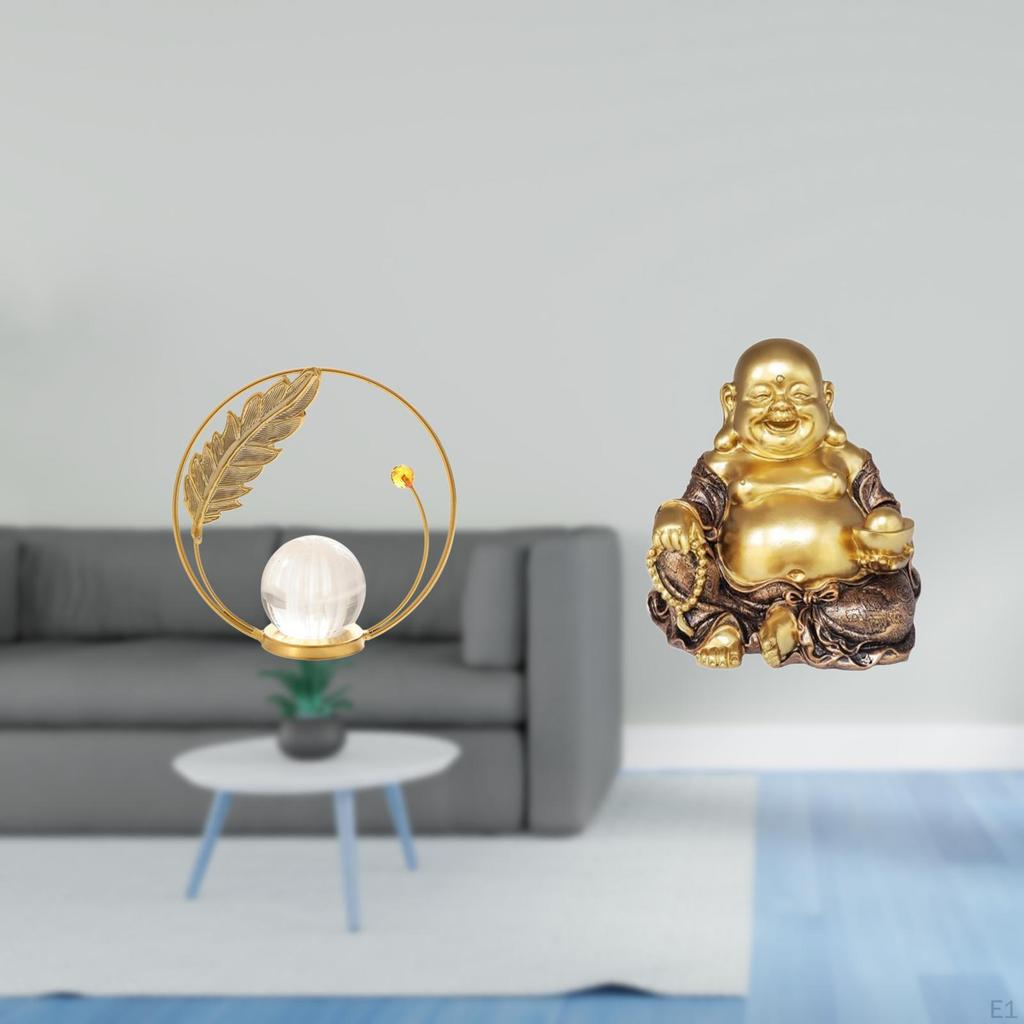 Crystal Ball Buddha Sculpture Metal Figurine Desk Indoor Ornament Statue Stand for Hallway Fireplace