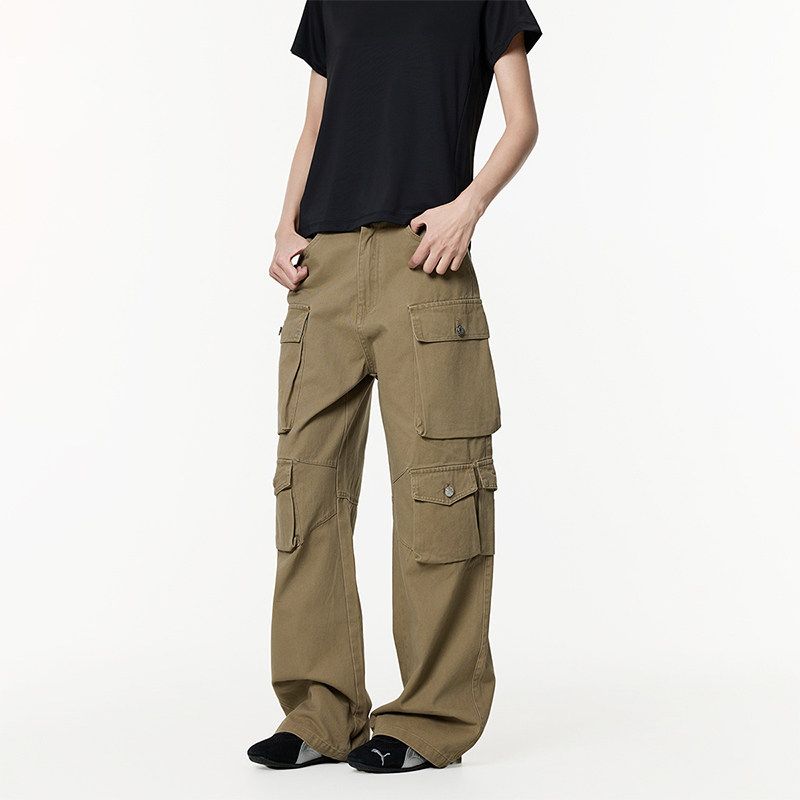 Black of Exit American Retro Distressed Multi-Pocket Straight-Leg Cargo Pants Trendy Heavy-Duty Casual Pants Vibe
