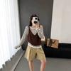 Womens Striped Knit Top Fake 2 Piece Long Sleeve V Neck Loose Fit Early Casual Sweater