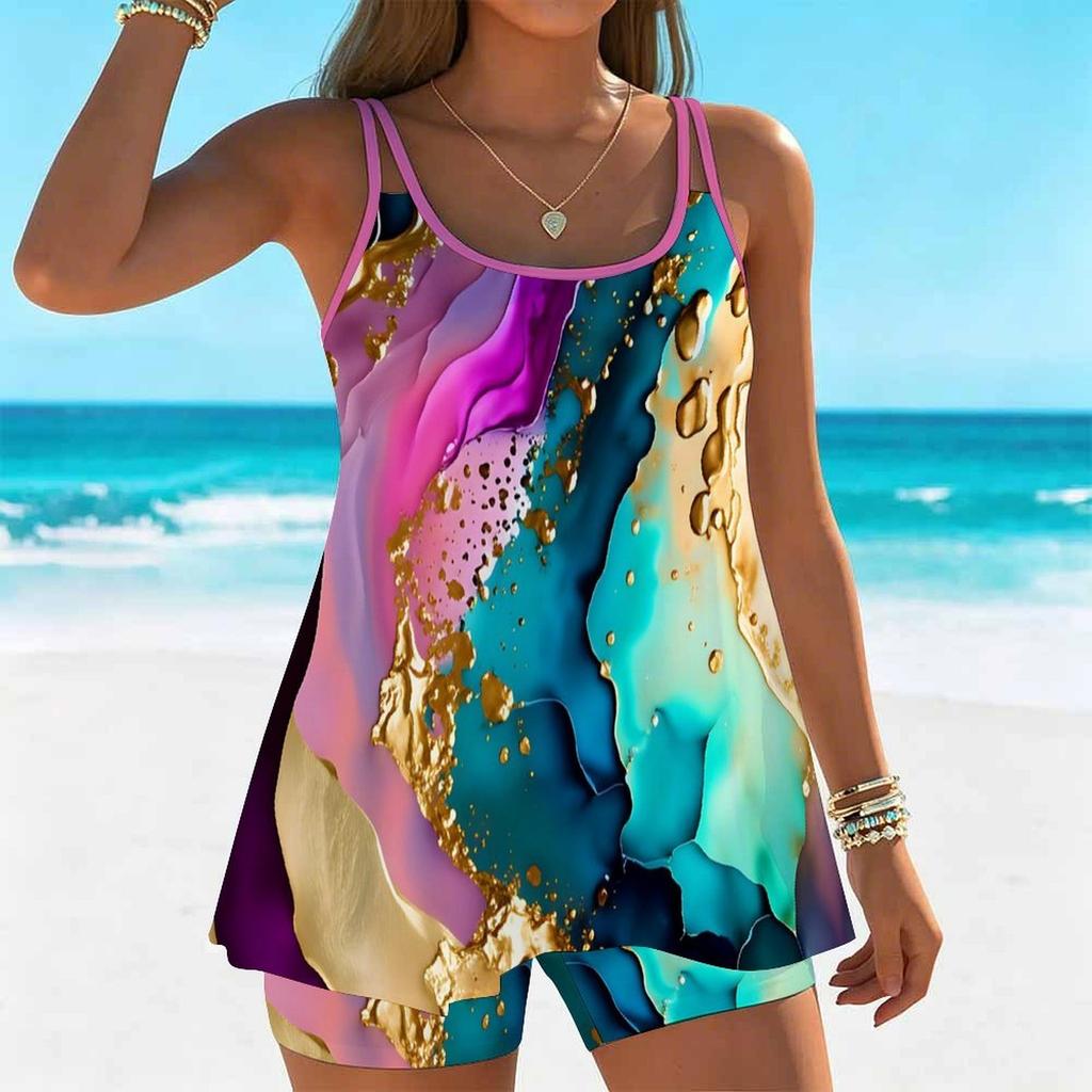 Women's Swimwear Tankini 2 Piece Swimsuit Colorful Flow  Pattern Vacation Bathing Suits