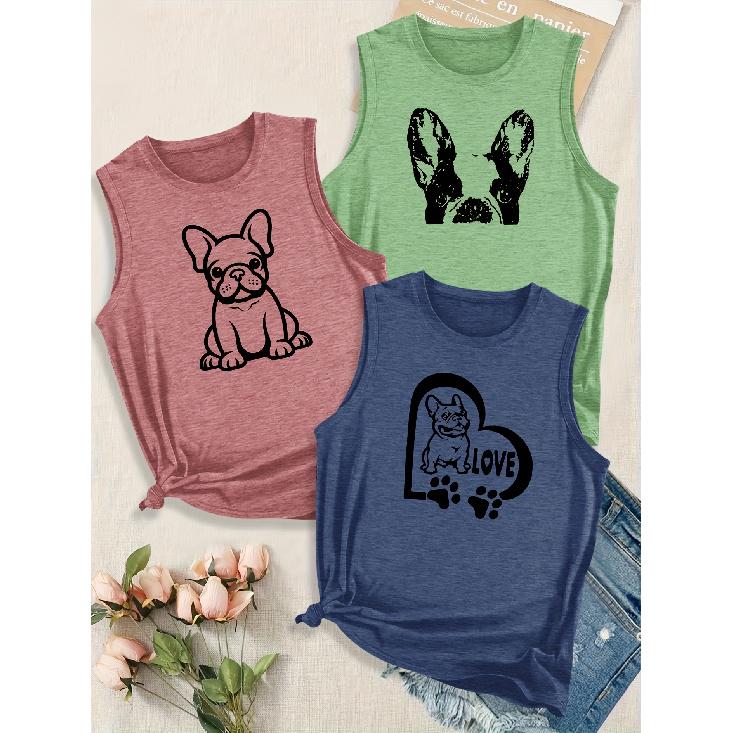 Women's Elegant Style Simple Cute Animal Dog Letter Combination Gift Print Pattern Round Neck3Sleeveless Vest Spring/summer Women's Top