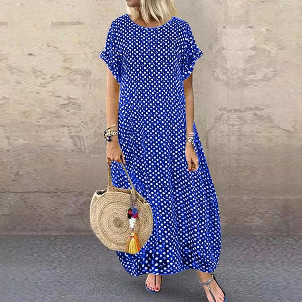 Women's Summer Long Dress Crew Neck Short Sleeve Maxi Dress Casual Dot Printing Bohemian Dresses