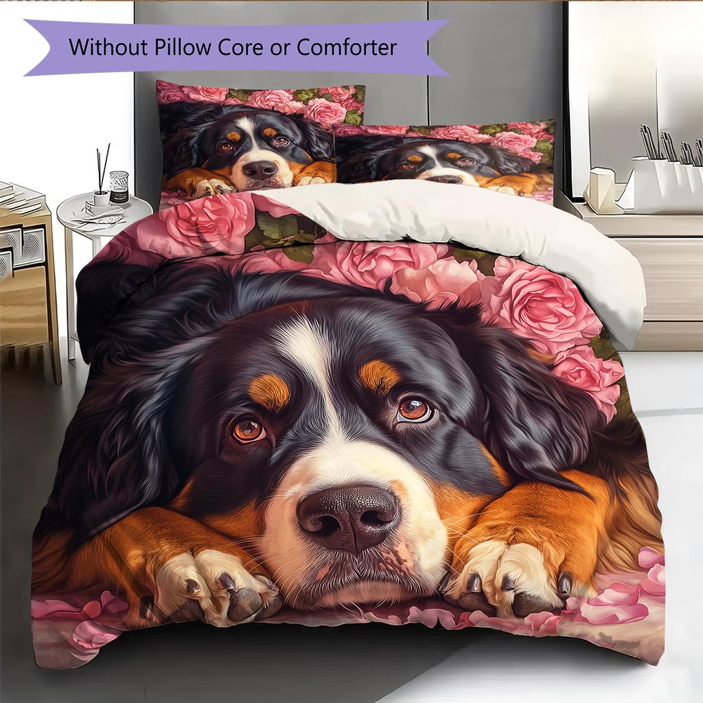 Bernese Mountain Dog and Rose Pattern Bedding Home Decoration Birthday Gift (1 * duvet cover + 2 * pillowcase, without core)
