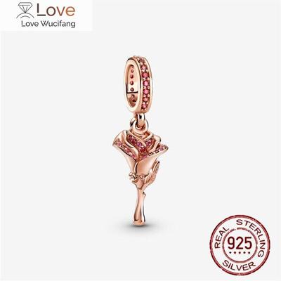 925 Sterling Silver Sparkling Pink Rose Bouquet Pendant Charm Bead Bracelet Fashion Diy Jewelry