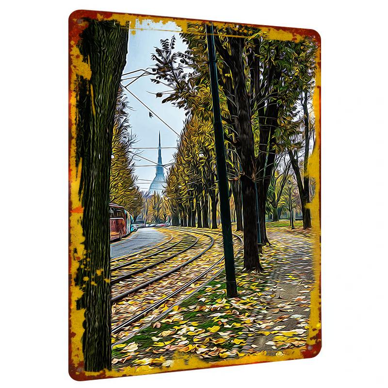 

European Autumn Street View Metal Wall Art Vintage Handpainted Home Decor Painting 20x30cm（7.8x11.8inch）