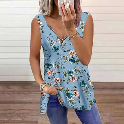 Damen-Oberteil für den Sommer, zweifarbig, mit Blumenmuster, lässig, Übergröße, ärmellos, Reißverschluss, V-Ausschnitt, Tanktop