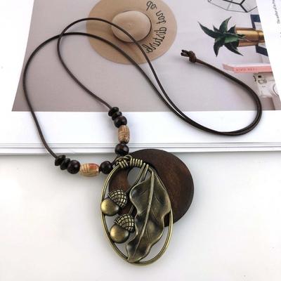 Vintage Boho Sweater Chain Hollow Leaves Leather Chain Clothing Pendant Long Handmade Collar Decoration Gifts