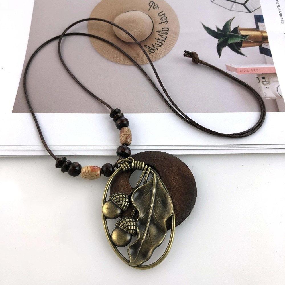 Leather Chain Wooden Pendant Necklace Boho Sweater Necklace Vintage Sweater Chain  Gifts