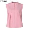 VONDA Women Summer Stand Collar Sleeveless Button Blouses