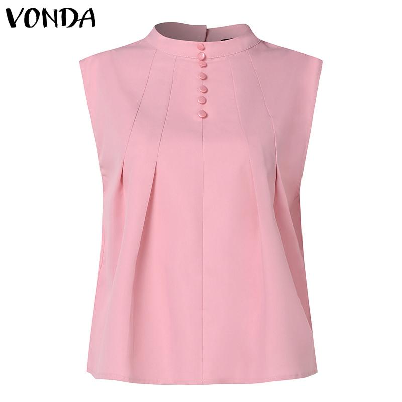 VONDA Women Summer Stand Collar Sleeveless Button Blouses