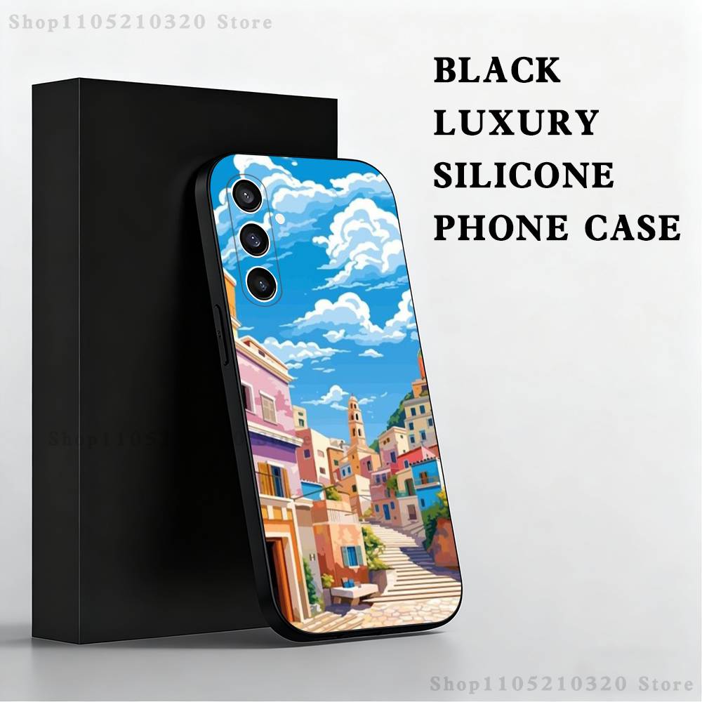 Stylized Houses Painting Phone Case For Samsung S 25,24,23,22,30,21,10,9,Ultra,Plus,Lite,FE,4,5 G Black Soft Case