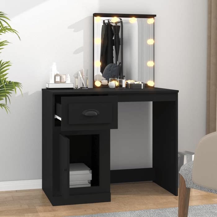 VidaXL Coiffeuse avec LED, Table de Maquillage avec Rangement, Table Cosmétique, Meuble de Chambre à Coucher, Moderne, Noir 816769