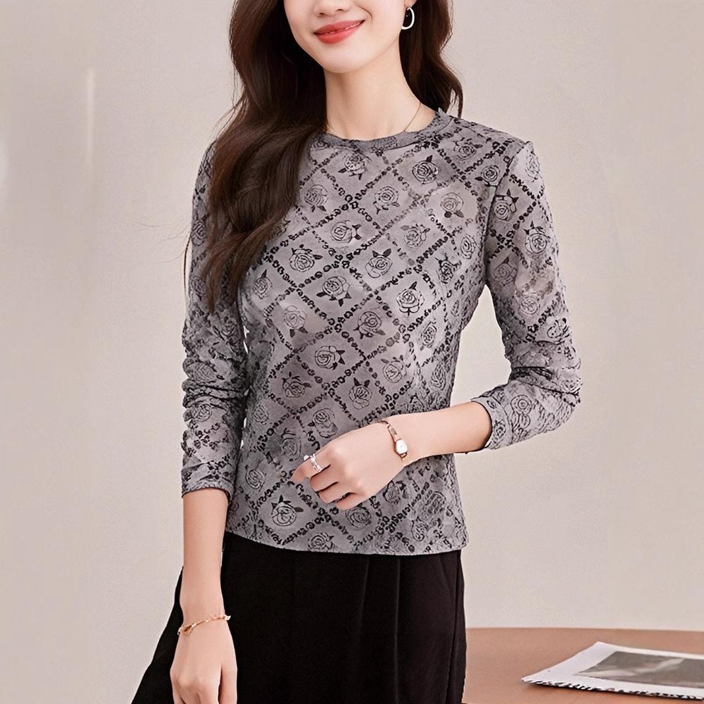 Printed Mesh Long-sleeved T-shirt for Women In Spring New Versatile Slim Base Shirt Fashionable Top