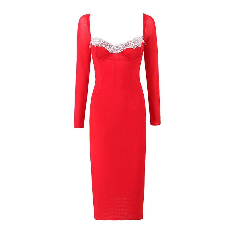 

Run Red Rose House of Sexy Goddess Square Collar Lace Trim Mesh Silm Temperament Hip Skirt Dress Red (with steel ring)(High quality) S