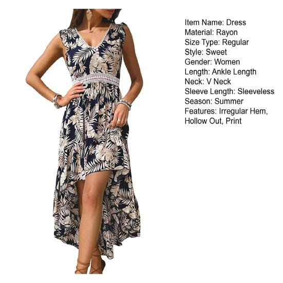 Women Vacation Dress V Neck Hollow Out Waist Irregular Patchwork Hem Leaf Print Sleeveless Back Zipper Closure Beach Boho Dress