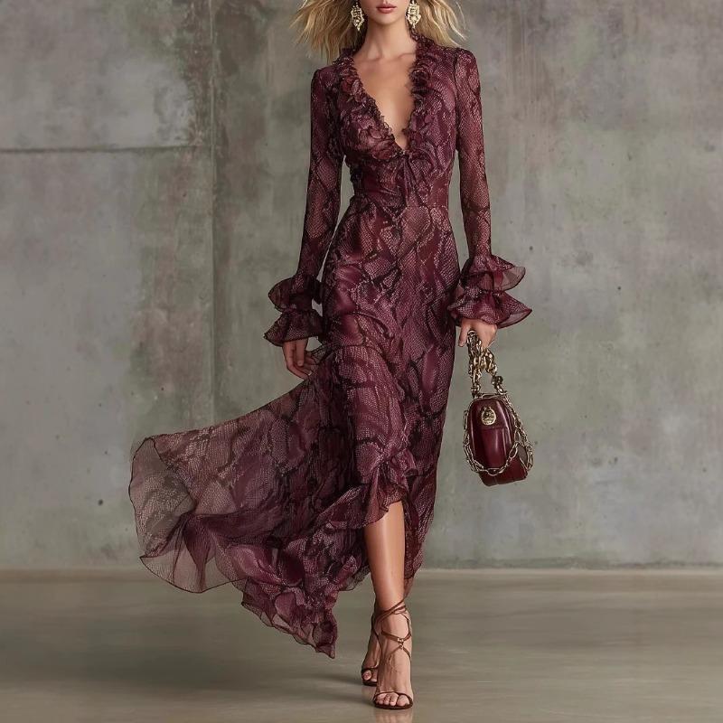 2 Women's Clothing, Flared Sleeve Tether V-Neck Dress Long Sleeve Dress Long Dress