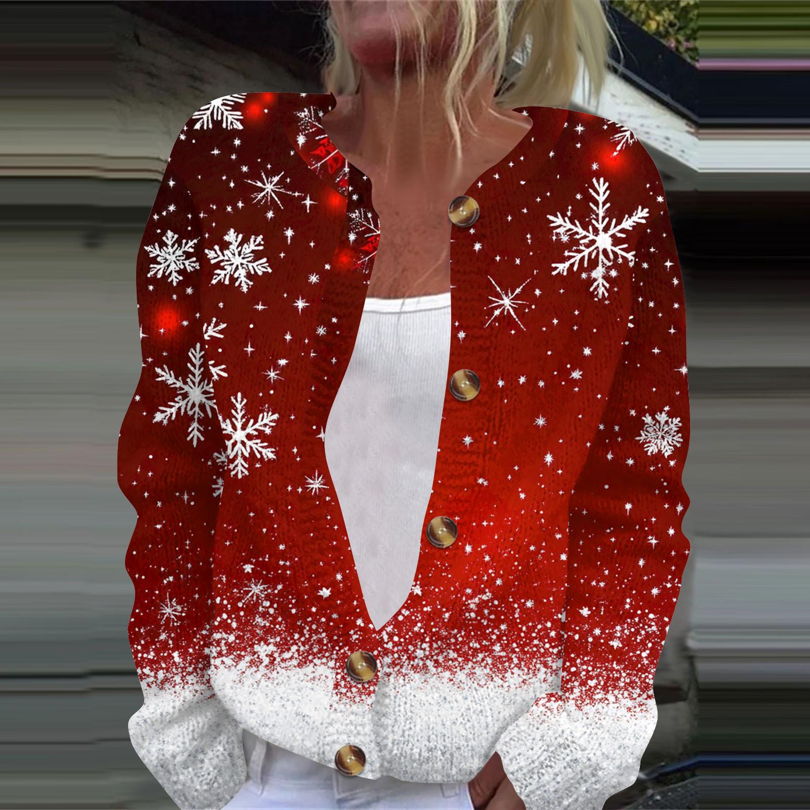

Женская мода рождественский принт длинный рукав вязаный кардиган пуховик M