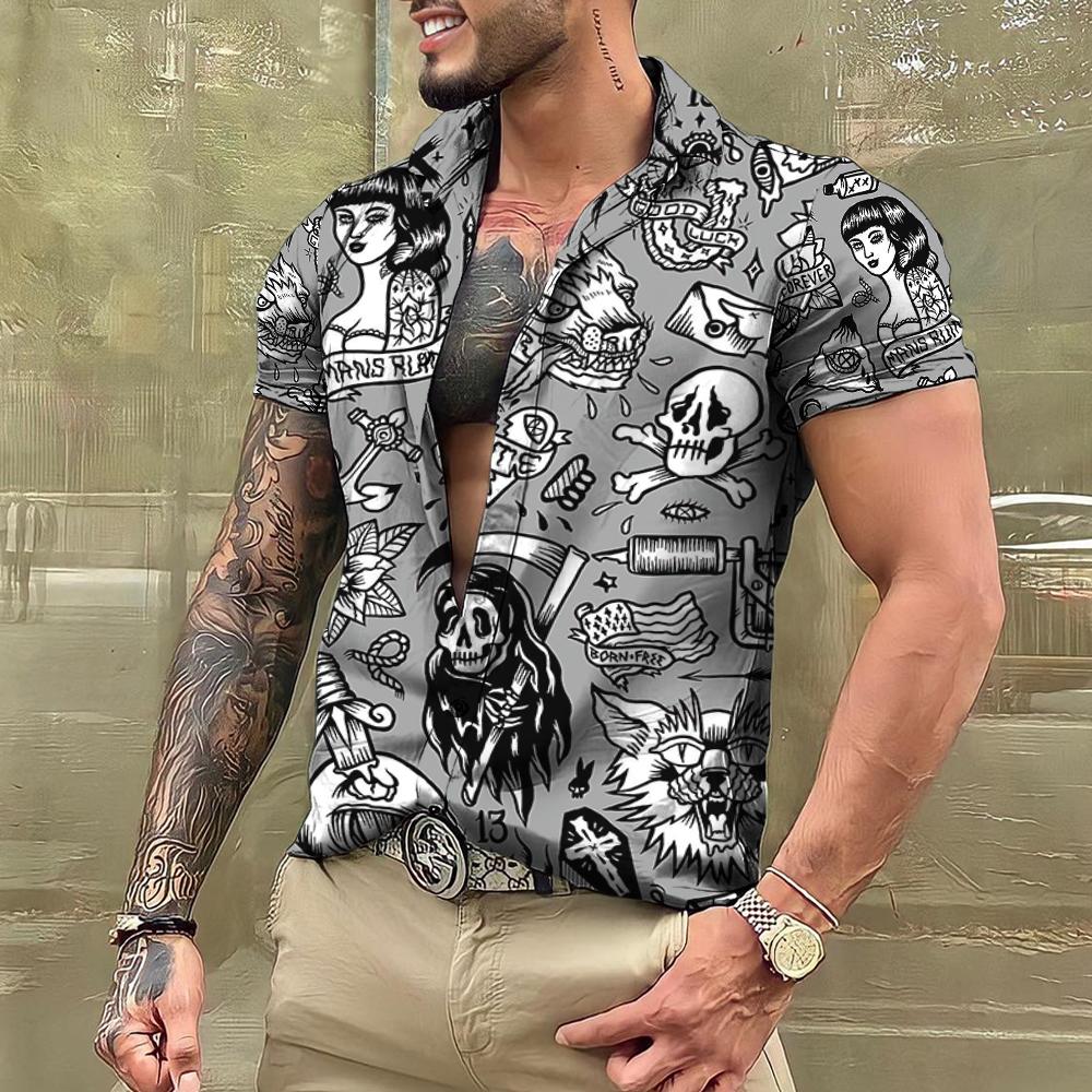 T-shirt con tatuaggio estivo Camicie hawaiane da uomo Marca Manica corta Top Magliette Camicetta casual da uomo Moda Camisas De Hombre Abbigliamento