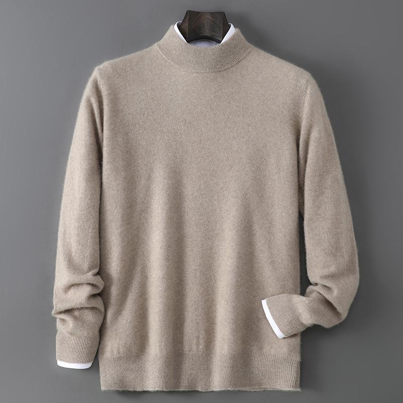 Men's 100% Pure Wool Half-High Neck Sweater - Solid Color, Business Casual Knit Base Layer Top