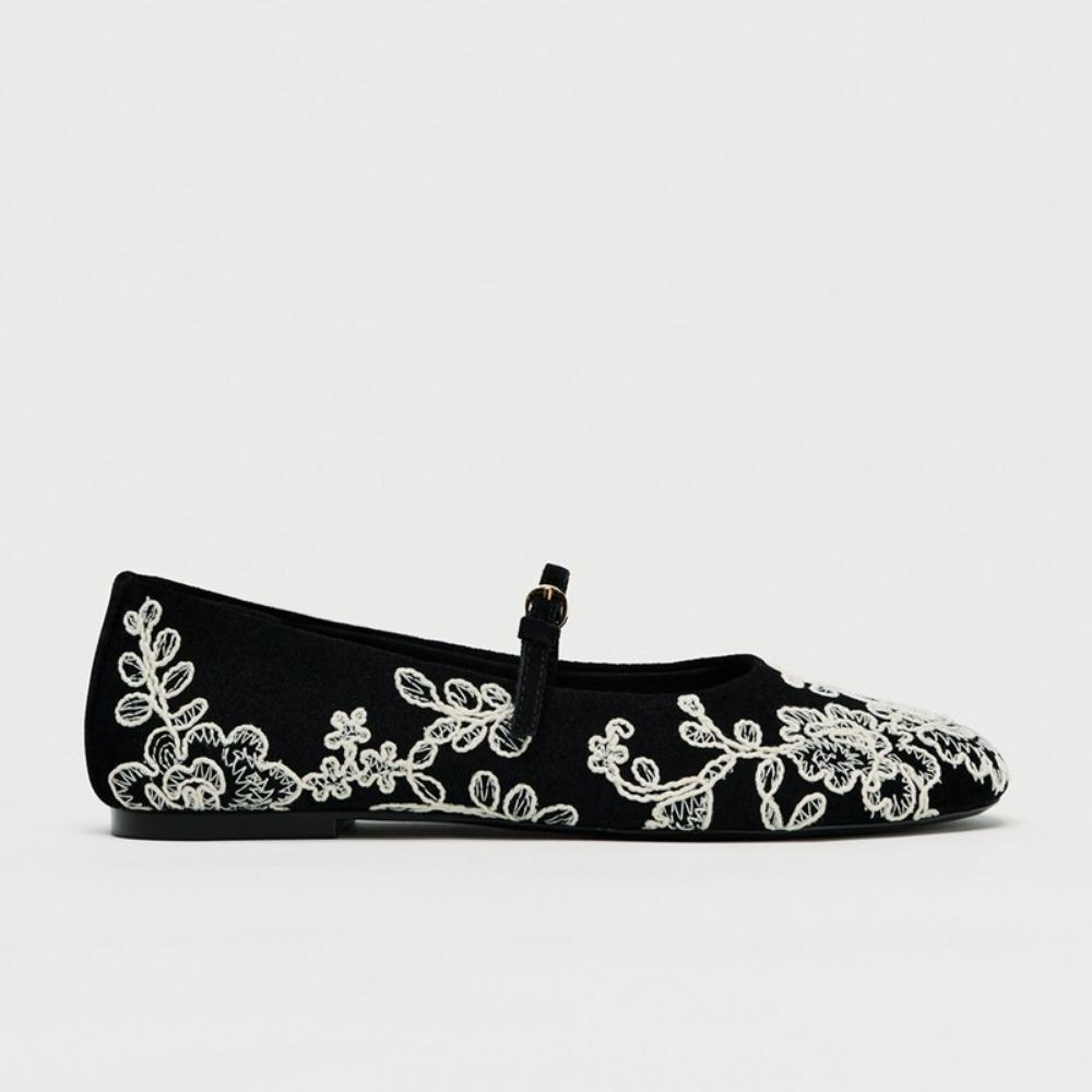 Fashion Retro Embroidered Flower Flat Ballet Shoes for Women 2025 Spring New French Round Head One Word Mary Jane Single Shoes Womens