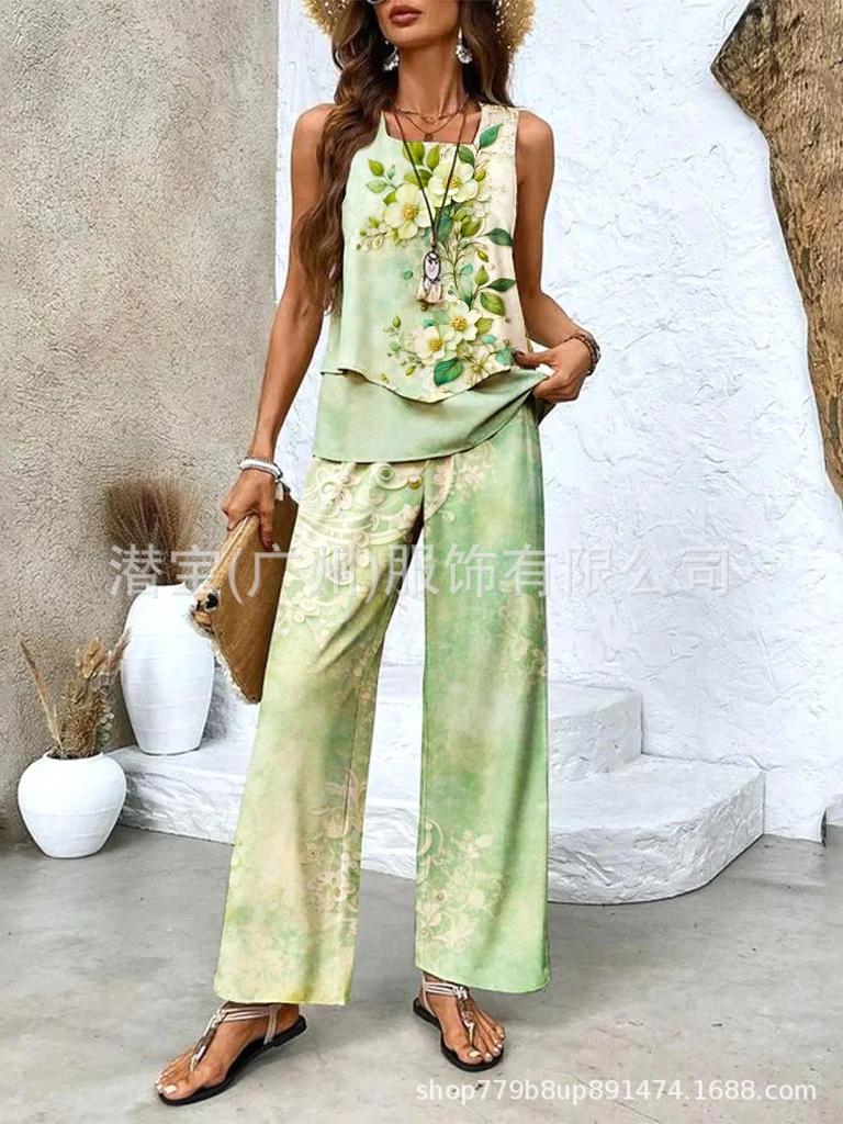 New European and American women's clothing spot explosion sleeveless casual double-layer vest plus pants set two-piece set
