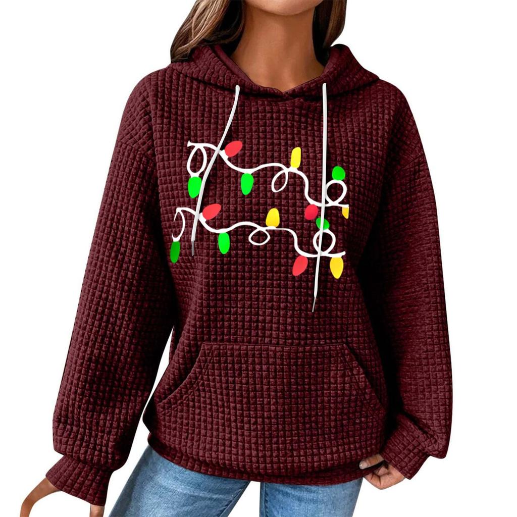 Women's Fashion Loose Hooded Pullover Long Sleeve Plaid Sweatshirt With Drawstring, Drop Shoulder, Pocket, Christmas Print Top