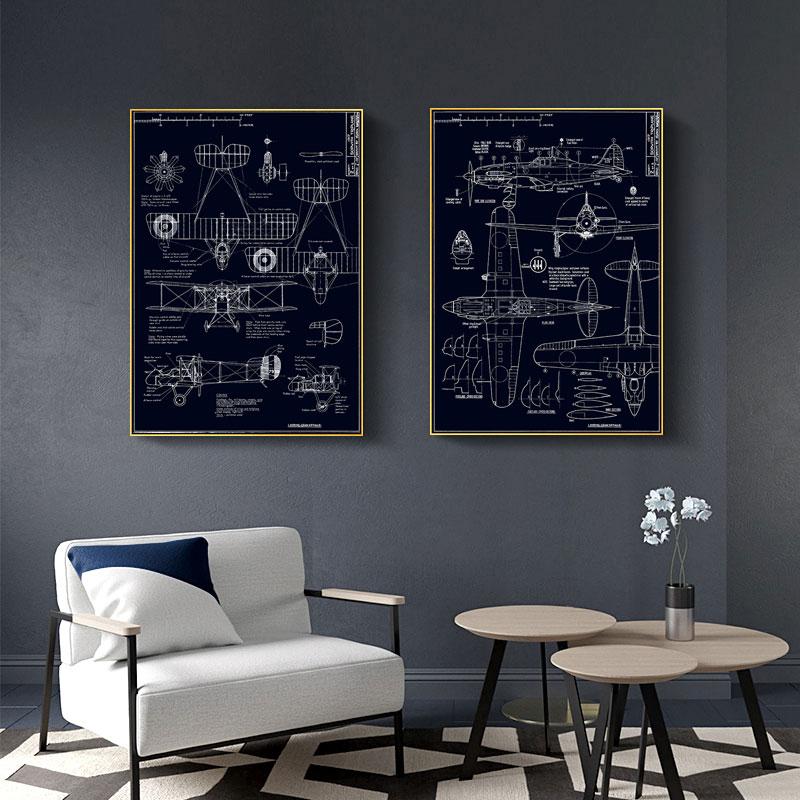 Modern Black and White Wall Art Poster Airplane Industrial Drawings Blueprint Canvas Paintings Pictures for Interior Home Decor