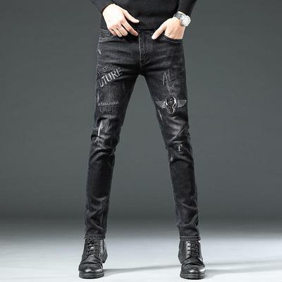 Avrupa Erkek Slim Fit Elastik İşlemeli Kot Pantolon - Trend Kore Tarzı Siyah Pantolon